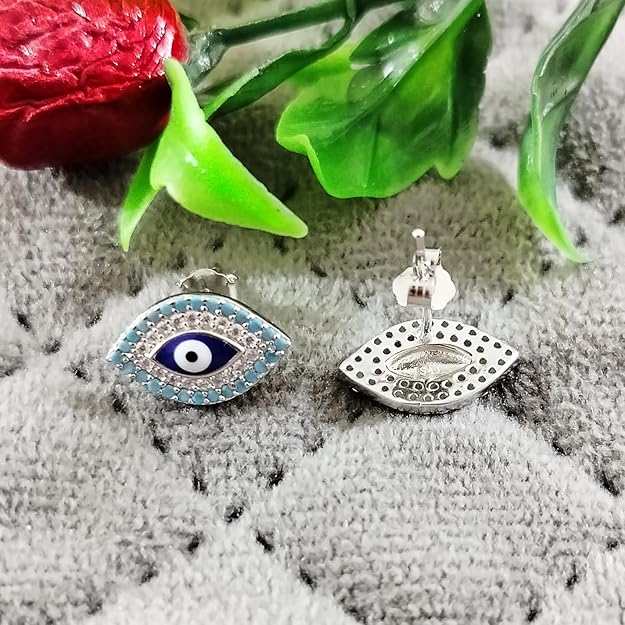 JSAJ 925 Evil eye Enamel studs for Girls and Women, 925 Sterling Silver Eye Studs with Cubic Zirconia