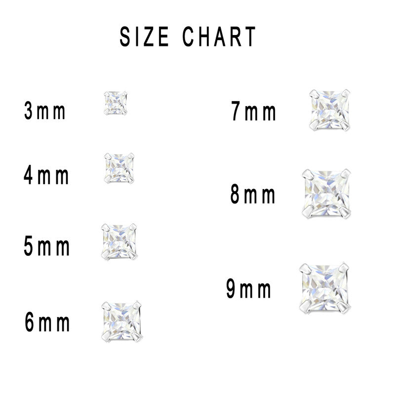 JSAJ 925 sterling silver square zirconia stone studs, available in sizes from 3 to 9 mm, perfect for girls and women