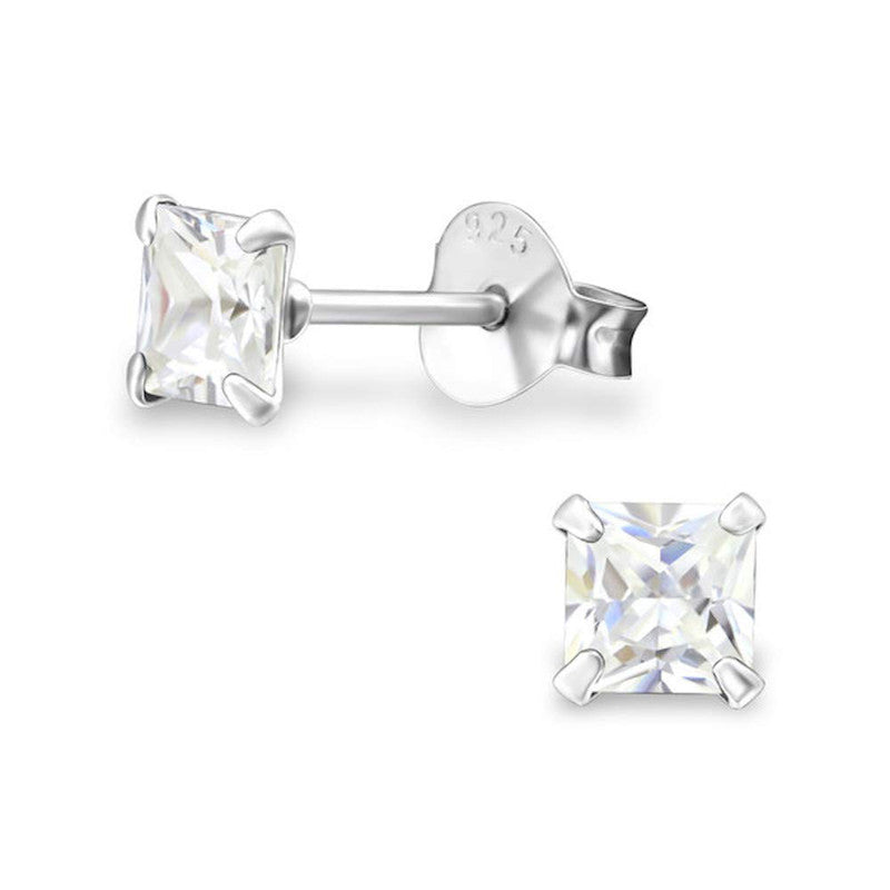 JSAJ 925 sterling silver square zirconia stone studs, available in sizes from 3 to 9 mm, perfect for girls and women