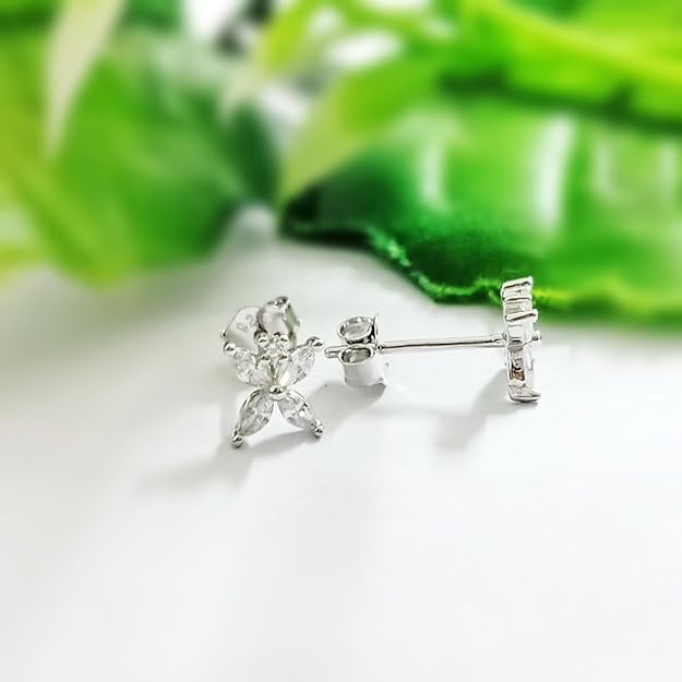 JSAJ 925 Sterling Silver Marquise Flower Design Studds Tops Zercon Stone Studded Tiny Zercon Micro Setting of Stones Rodinum Polish Studd For Womens or Girls
