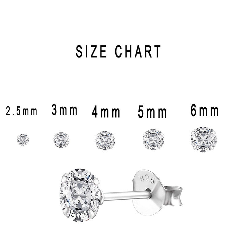 JSAJ 925 sterling silver Round Zirconia stone studs, available in sizes from 2.5 to 6 mm, perfect for girls and women