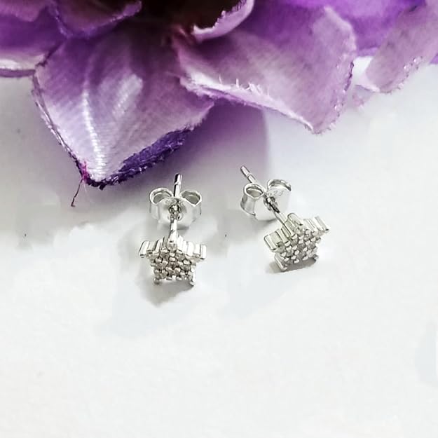 JSAJ 925 Sterling Silver Like A Star Design Studds Tops Zercon Stone Studded Tiny Zercon Micro Setting of Stones Rodinum Polish Studd For Womens or Girls