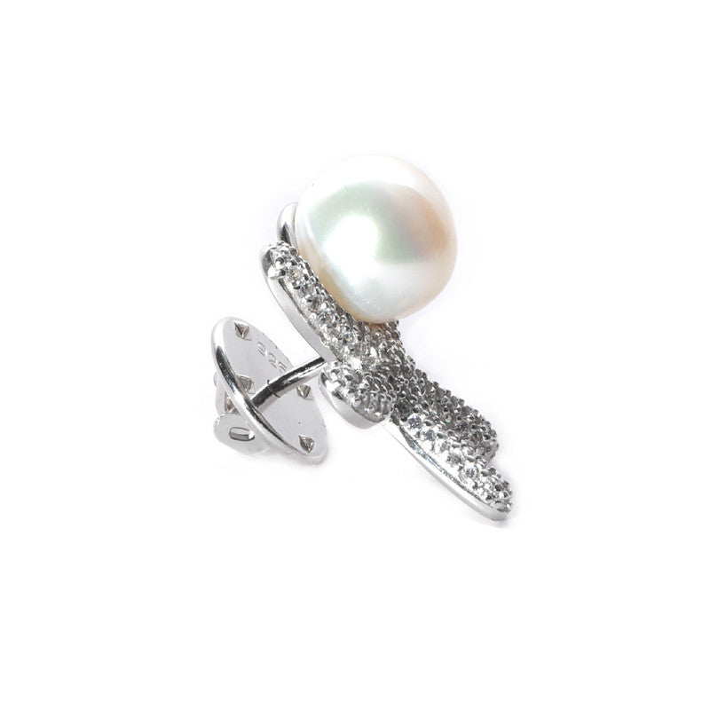 JSAJ STERLING SILVER 92.5% SILVER PEARL WITH ZIRCONIA STONE SAREE BUTTON / BROACH