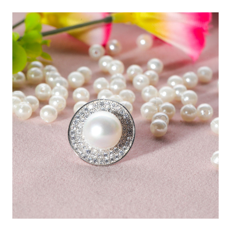 JSAJ STERLING SILVER 92.5% SILVER PEARL WITH ZIRCONIA STONE SAREE BUTTON / BROACH
