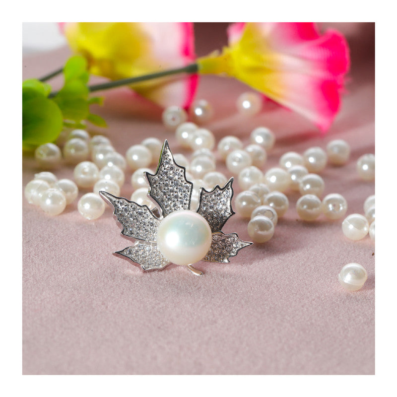 JSAJ STERLING SILVER 92.5% SILVER PEARL WITH ZIRCONIA STONE SAREE BUTTON / BROACH