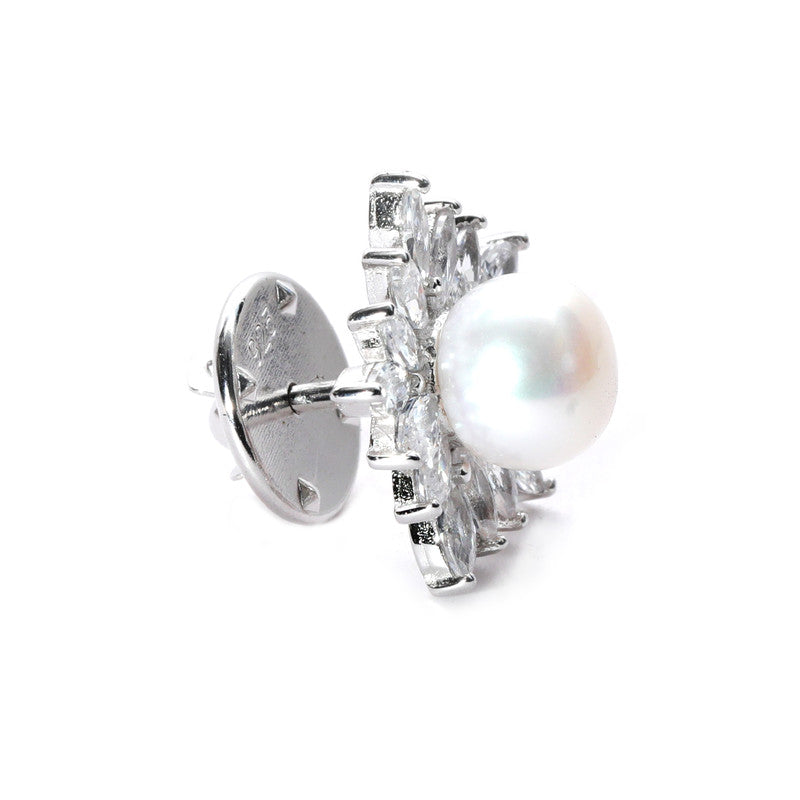 JSAJ STERLING SILVER 92.5% SILVER PEARL WITH ZIRCONIA STONE SAREE BUTTON / BROACH