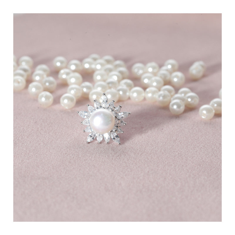 JSAJ STERLING SILVER 92.5% SILVER PEARL WITH ZIRCONIA STONE SAREE BUTTON / BROACH