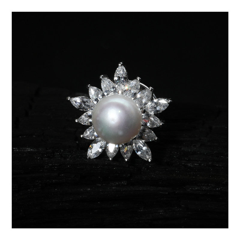JSAJ STERLING SILVER 92.5% SILVER PEARL WITH ZIRCONIA STONE SAREE BUTTON / BROACH
