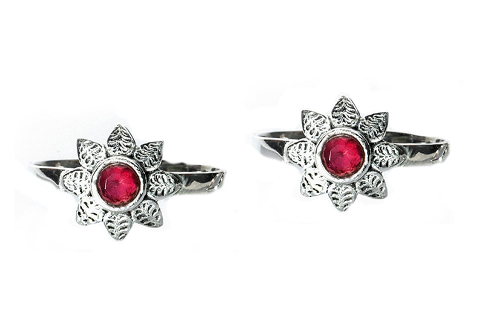 JSAJ TOE RING CHUTKI BICHIYA 925 STERLING SILVER FLOWER WORK HANDMADE RUBY STONE TOERING FOR WOMENS COMFORTABLE