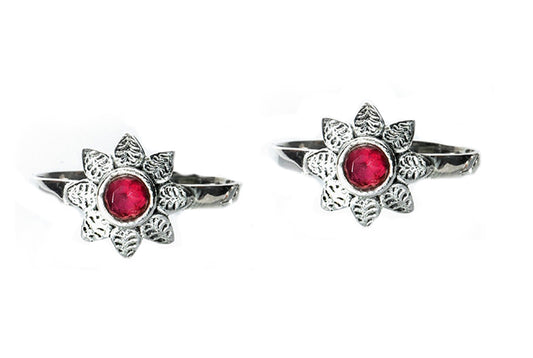 JSAJ TOE RING CHUTKI BICHIYA 925 STERLING SILVER FLOWER WORK HANDMADE RUBY STONE TOERING FOR WOMENS COMFORTABLE