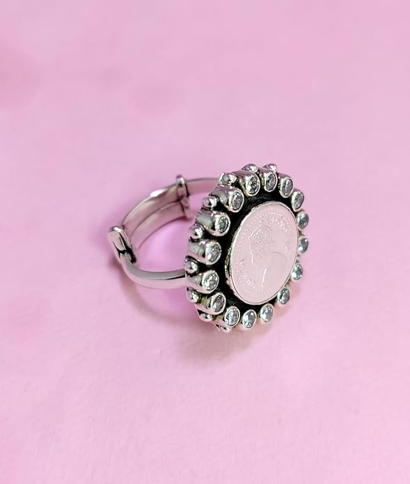 JSAJ 925 silver coin zirconia victoria queen ring adjustable ring for women