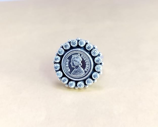 JSAJ 925 silver coin zirconia victoria queen ring adjustable ring for women