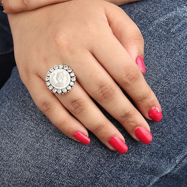 JSAJ 925 silver coin zirconia victoria queen ring adjustable ring for women