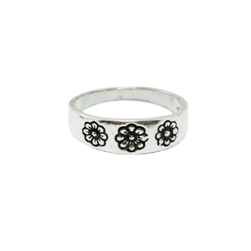 JSAJ BAND RING WITH CARVING FLOWERS IN 925 STERLING SILVER
