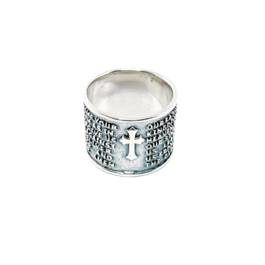 JSAJ THICK DESIGN BAND RING WITH CROSS AND WORDS WRITTEN IN 925 STERLING SILVER