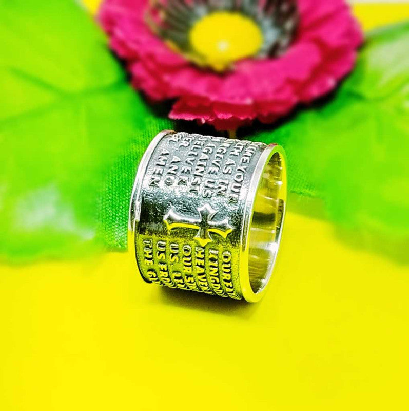 JSAJ THICK DESIGN BAND RING WITH CROSS AND WORDS WRITTEN IN 925 STERLING SILVER