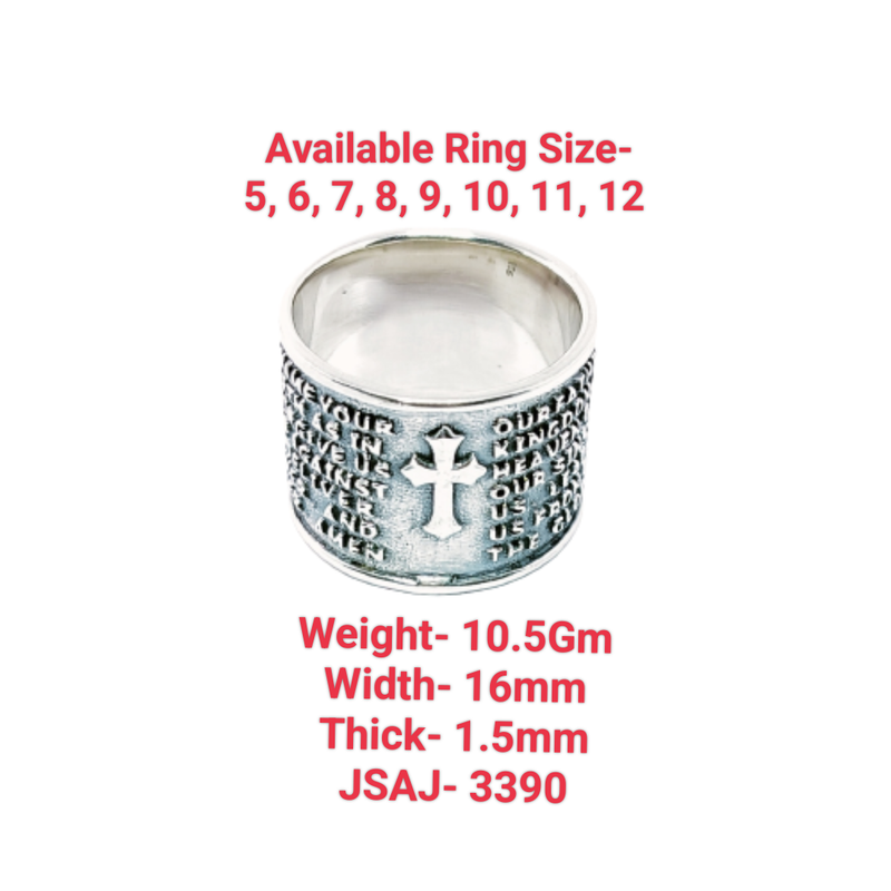 JSAJ THICK DESIGN BAND RING WITH CROSS AND WORDS WRITTEN IN 925 STERLING SILVER