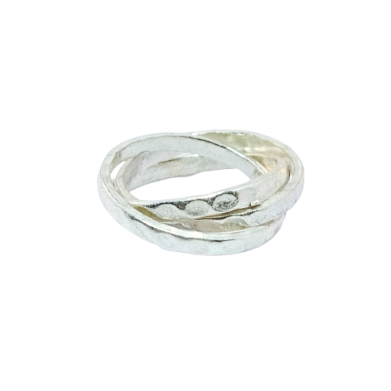 JSAJ INTERLOCKED TRIPPLE HAMMER ROLLING RING IN 925 STERLING SILVER