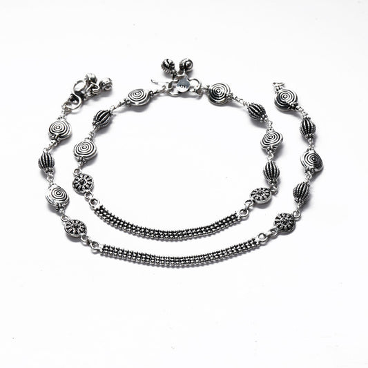JSAJ Silver 925 Sterling Silver DHAULAK & Spiral Anklet for Womens Girls handmade Anklet Payal
