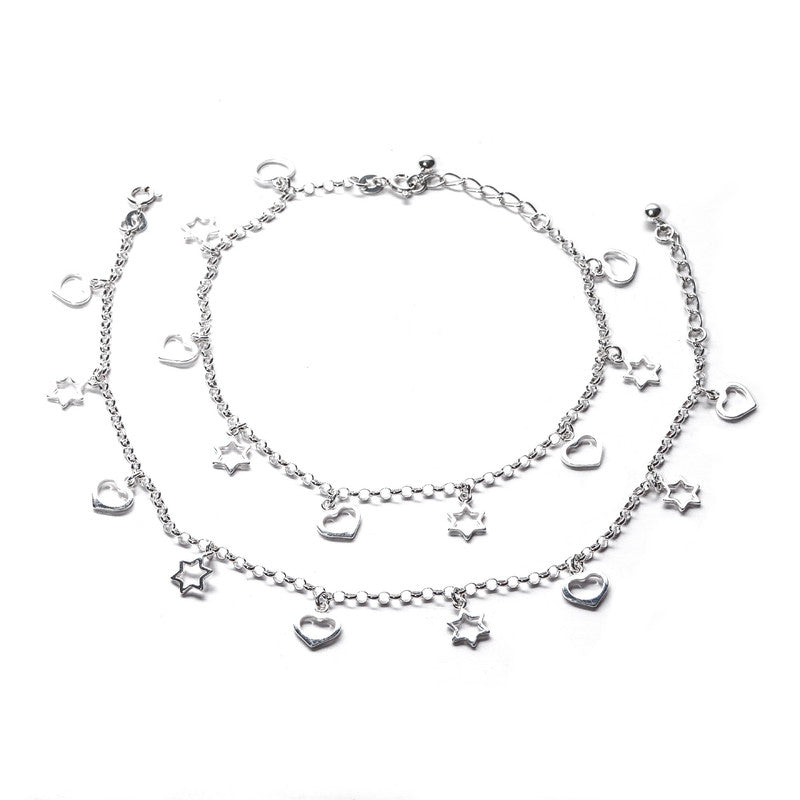 JSAJ Silver 925 Sterling Silver Heart Star Charms Anklet for Womens Girls handmade Anklet Payal