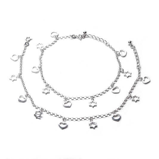 JSAJ Silver 925 Sterling Silver Heart Star Charms Anklet for Womens Girls handmade Anklet Payal