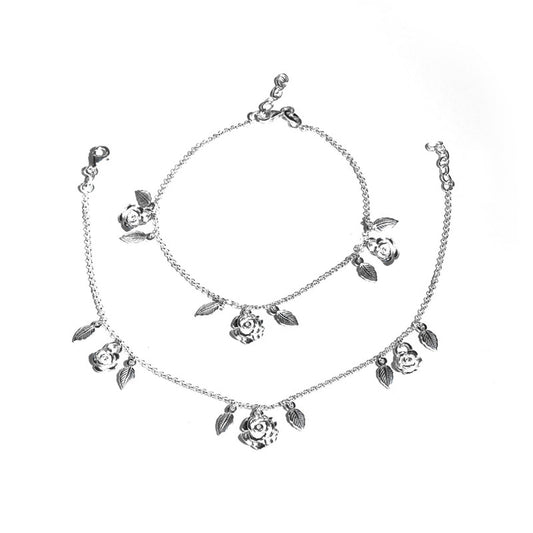 JSAJ Silver 925 Sterling Silver FLOWER LEAF CHARMS Anklet for Womens Girls handmade Anklet Payal