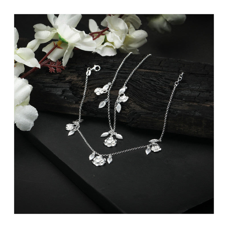 JSAJ Silver 925 Sterling Silver FLOWER LEAF CHARMS Anklet for Womens Girls handmade Anklet Payal