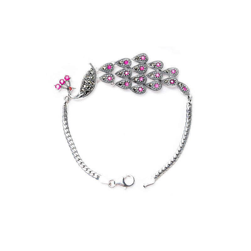 JSAJ Peacock Bracelet 92.5 Sterling Silver Peacock bracelet with marcasite Stones adjustable bracelet for Girls Women's Comfortable Durable