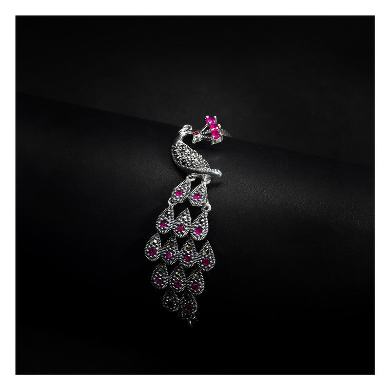 JSAJ Peacock Bracelet 92.5 Sterling Silver Peacock bracelet with marcasite Stones adjustable bracelet for Girls Women's Comfortable Durable
