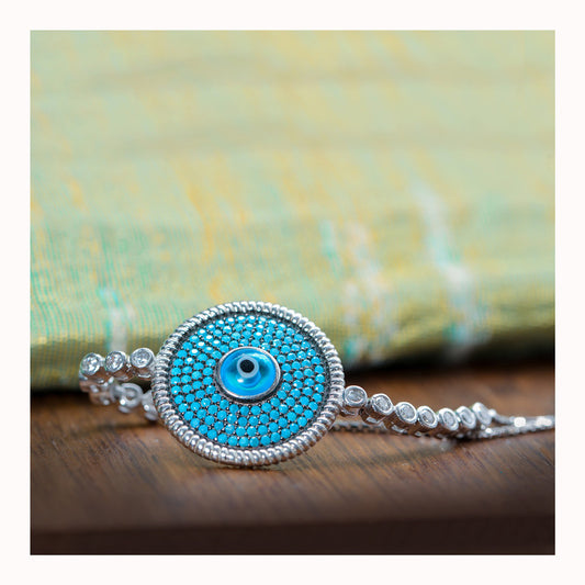 JSAJ EVIL EYE Bracelet 92.5 Sterling Silver Evil eye bracelets with very small turquoise stones adjustable bracelet for Girls Women's