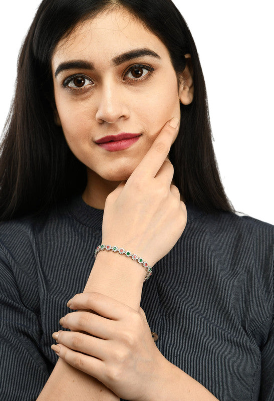 JSAJ Multi colour 92.5 Sterling Silver Ruby Emerald and Zercon Stone multi colour flexible bracelet for Girls Women's