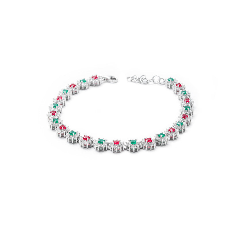 JSAJ Multi colour 92.5 Sterling Silver Ruby Emerald and Zercon Stone multi colour flexible bracelet for Girls Women's