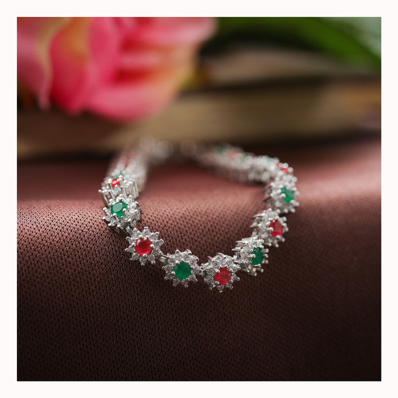 JSAJ Multi colour 92.5 Sterling Silver Ruby Emerald and Zercon Stone multi colour flexible bracelet for Girls Women's