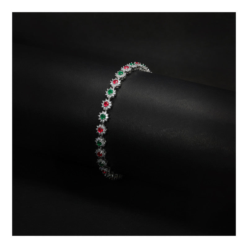 JSAJ Multi colour 92.5 Sterling Silver Ruby Emerald and Zercon Stone multi colour flexible bracelet for Girls Women's