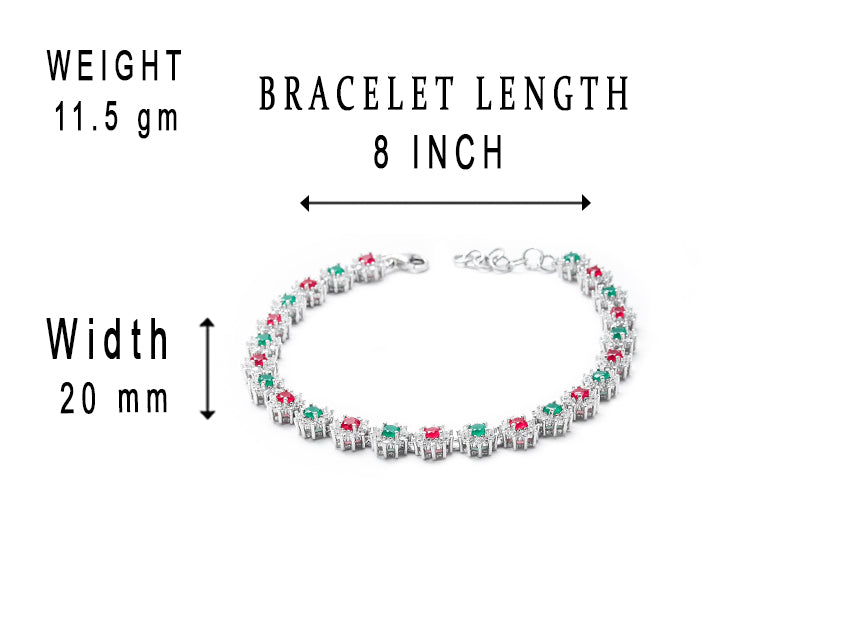 JSAJ Multi colour 92.5 Sterling Silver Ruby Emerald and Zercon Stone multi colour flexible bracelet for Girls Women's