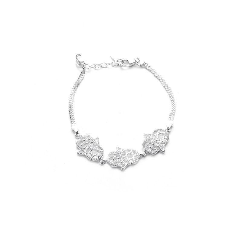 JSAJ Fatima hand Bracelet 92.5 Sterling Silver Fatima hand studded with white Zercon flexible bracelet for Girls Women's Comfortable Durable