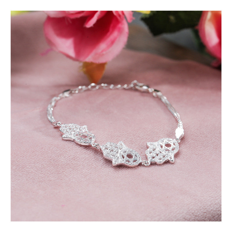 JSAJ Fatima hand Bracelet 92.5 Sterling Silver Fatima hand studded with white Zercon flexible bracelet for Girls Women's Comfortable Durable