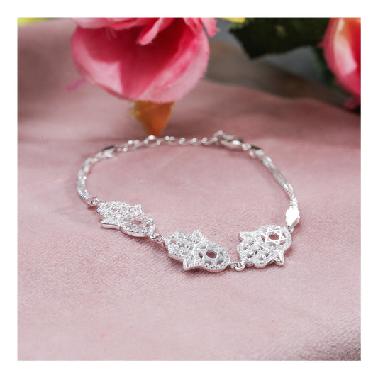 JSAJ Fatima hand Bracelet 92.5 Sterling Silver Fatima hand studded with white Zercon flexible bracelet for Girls Women's Comfortable Durable