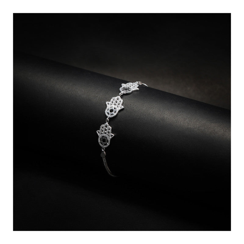 JSAJ Fatima hand Bracelet 92.5 Sterling Silver Fatima hand studded with white Zercon flexible bracelet for Girls Women's Comfortable Durable