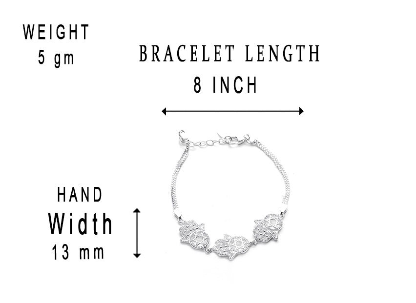 JSAJ Fatima hand Bracelet 92.5 Sterling Silver Fatima hand studded with white Zercon flexible bracelet for Girls Women's Comfortable Durable