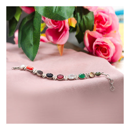 JSAJ Navratan bracelet 92.5 Sterling Silver Navgrah stone flexible bracelet real 9 stone for Girls Women's Comfortable Durable