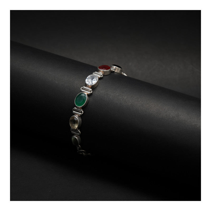 JSAJ Navratan bracelet 92.5 Sterling Silver Navgrah stone flexible bracelet real 9 stone for Girls Women's Comfortable Durable