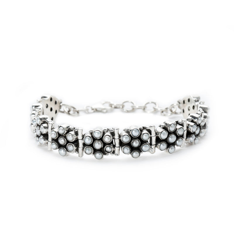 JSAJ Pearl bracelet 92.5 Sterling Silver Pearl moti flexible bracelet very tiny pearls studded for Girls Women's Comfortable Durable