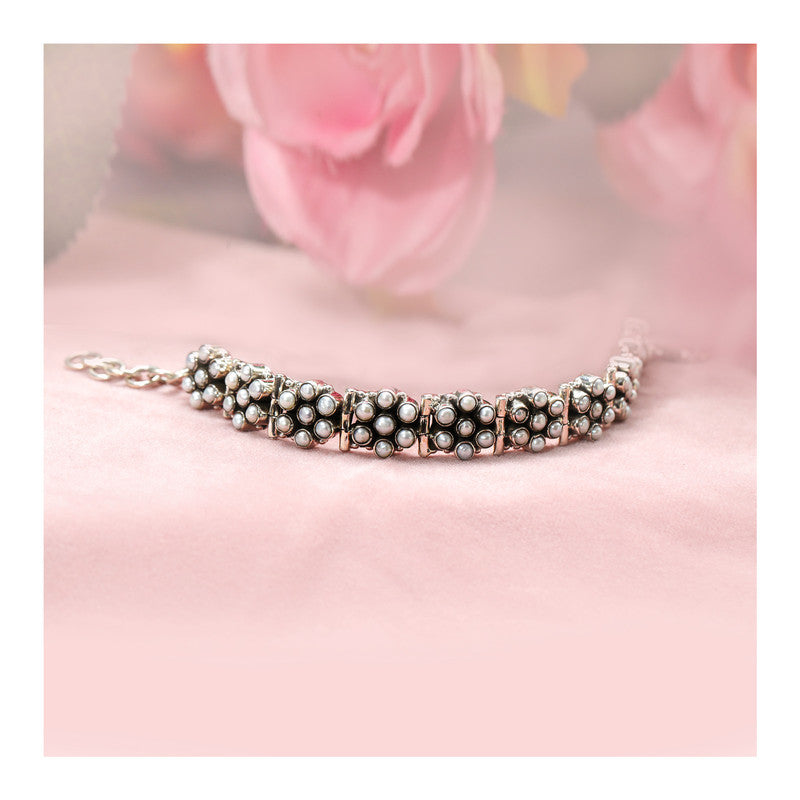 JSAJ Pearl bracelet 92.5 Sterling Silver Pearl moti flexible bracelet very tiny pearls studded for Girls Women's Comfortable Durable