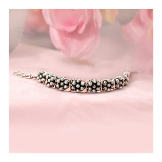 JSAJ Pearl bracelet 92.5 Sterling Silver Pearl moti flexible bracelet very tiny pearls studded for Girls Women's Comfortable Durable
