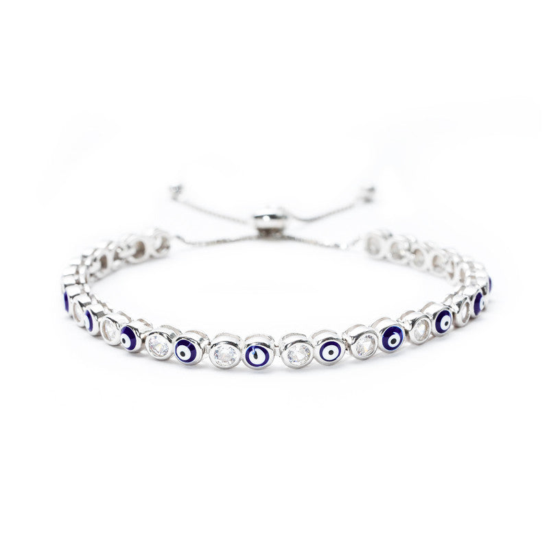 JSAJ Evil Eye Bracelet 92.5 Sterling Silver flexible Bracelet adjustable with evil eye and zerconia for Girls Women's Comfortable Durable