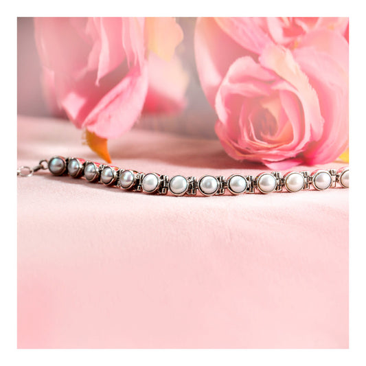 JSAJ Pearl Bracelet 92.5 Sterling Silver Pearl moti bracelet Round Pearls flexible for Girls Women's Comfortable Durable