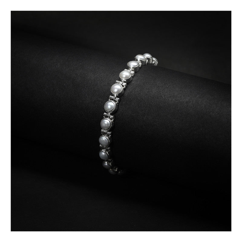 JSAJ Pearl Bracelet 92.5 Sterling Silver Pearl moti bracelet Round Pearls flexible for Girls Women's Comfortable Durable