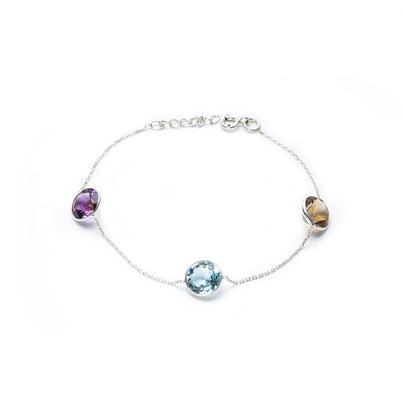 JSAJ Stone bracelet real semi percious stone 92.5 Sterling Silver Bracelet with smokey topaz amethyst and aquamarine stone flexible bracelet for Girls Women's