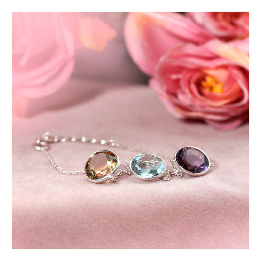 JSAJ Stone bracelet real semi percious stone 92.5 Sterling Silver Bracelet with smokey topaz amethyst and aquamarine stone flexible bracelet for Girls Women's